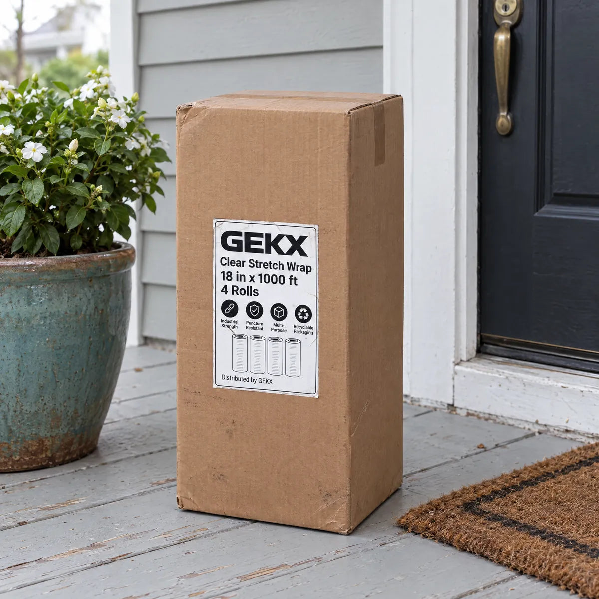 Closed GEKX stretch wrap box delivered on a front porch next to a potted plant and doormat