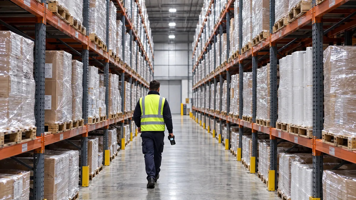 Warehouse racking aisle with stretch-wrapped pallets of cartons on every level and a worker walking