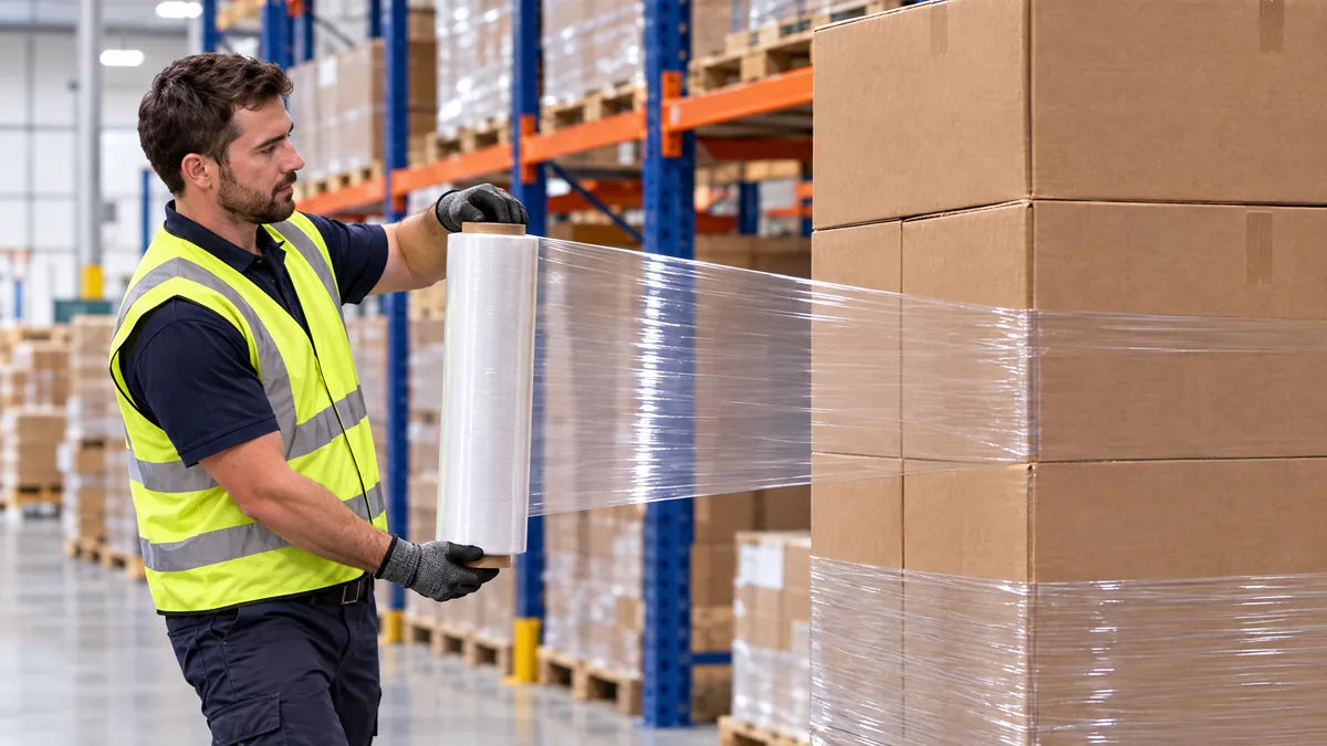 Warehouse worker in a hi-vis vest hand-wraps a tall pallet of cartons with stretch film between racks