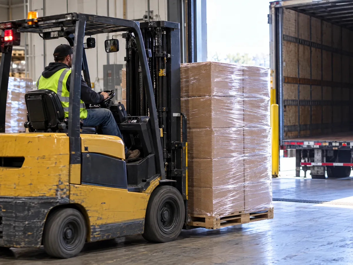 Forklift carries a stretch-wrapped pallet of cartons toward an open trailer at a loading dock